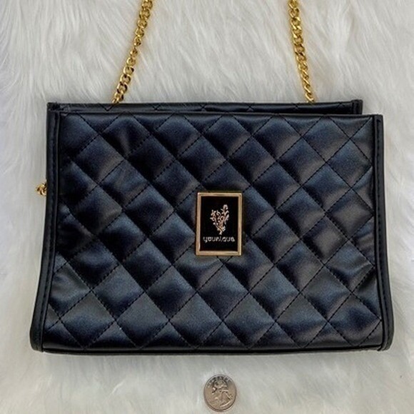 Younique Quilted Chain Shoulder Bag Black Gold Logo Flap Crossbody Purse - Picture 3 of 5